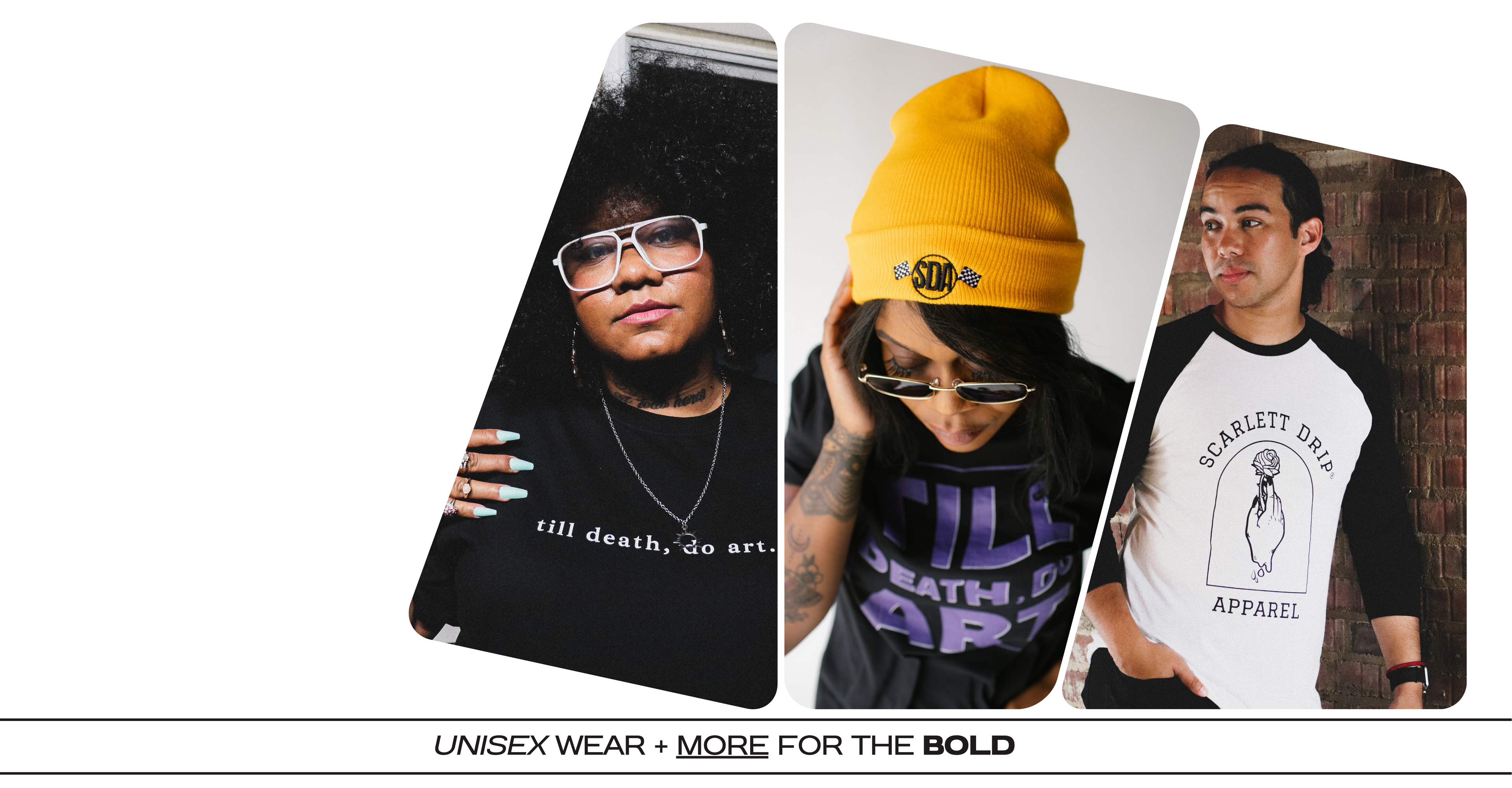 Three individuals wearing different outfits with text on clothing, set against a white background.